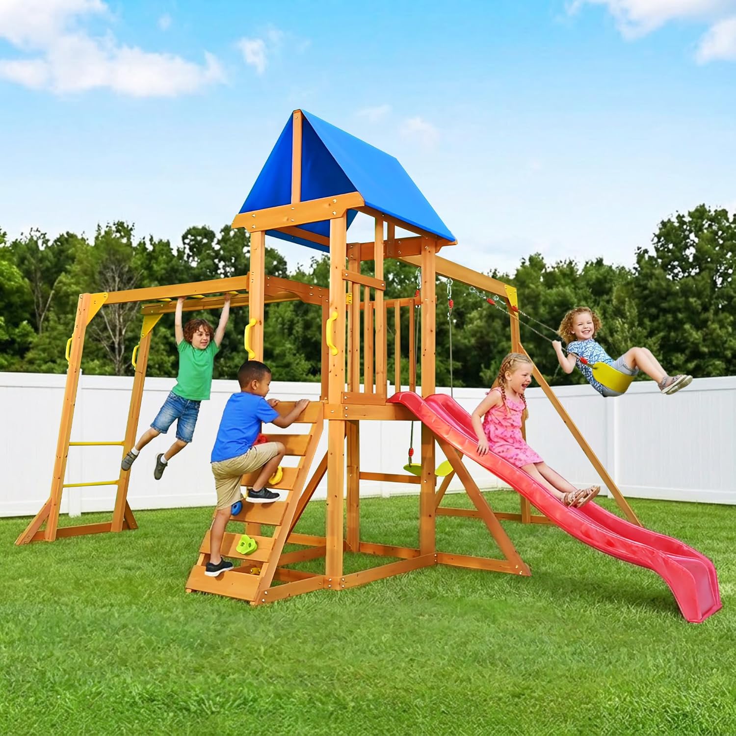 Kids Outdoor Monkey Bars - Wooden Swing Sets for Backyard, Kids
