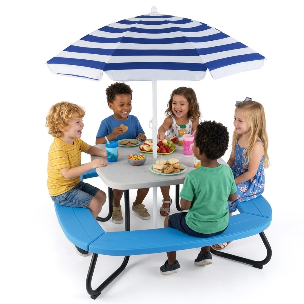Kids Outdoor Table And Chairs With Umbrella - Kids Picnic Table, 8 Person Kids