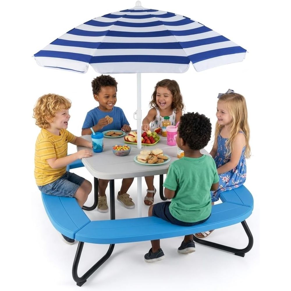 Kids Outdoor Table And Chairs With Umbrella - Kids Picnic Table, 8 Person Kids