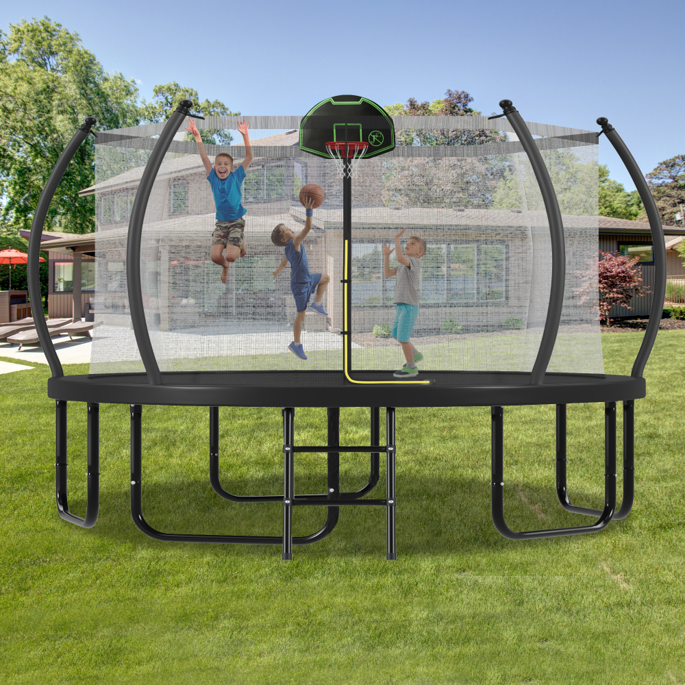 Kids Outdoor Ladder - 12FT Trampoline with Basketball Hoop for