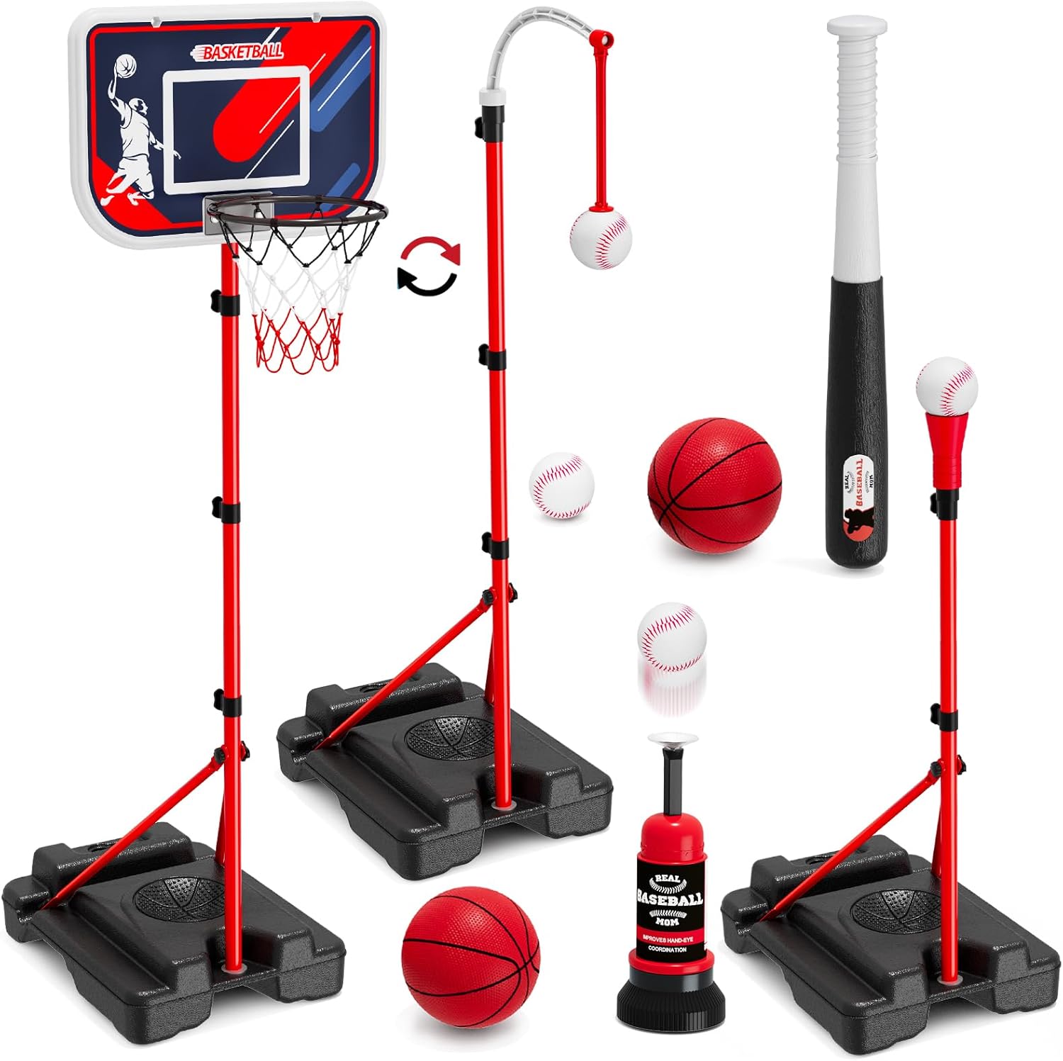 Kids Outdoor Toys - 4-in-1 Kids Basketball Hoop & T-Ball