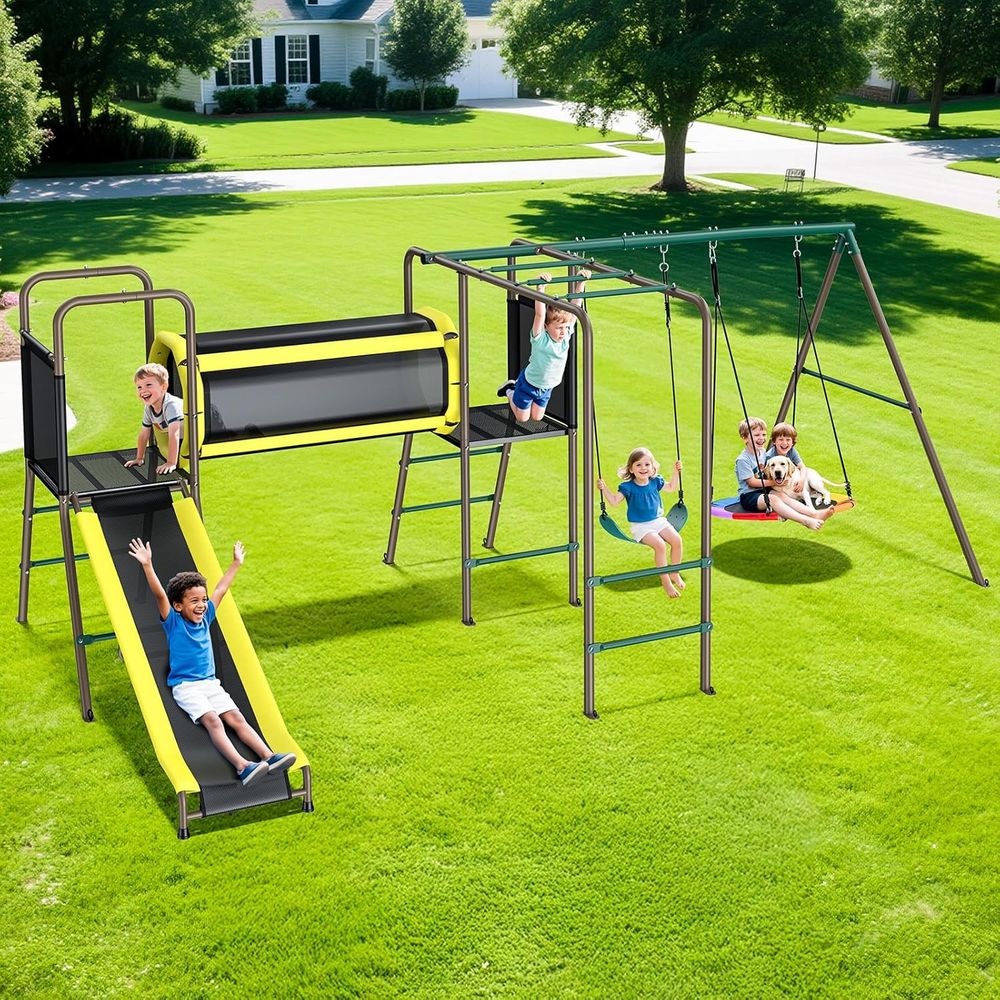 Kids Outdoor Monkey Bars - 660lbs Swing Set with Slide,Cl Tunnel
