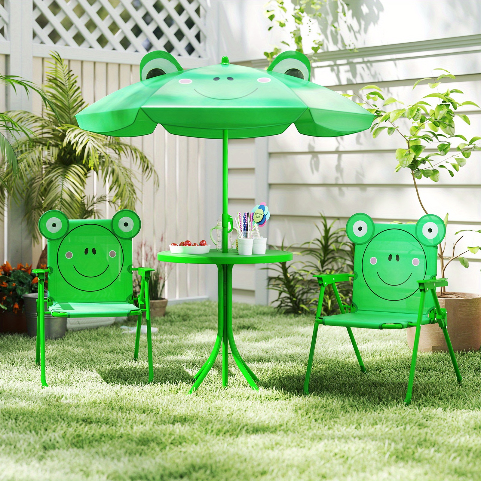 Kids Outdoor Table And Chairs With Umbrella - 4pcs Kids Outdoor Playset with Adjustable