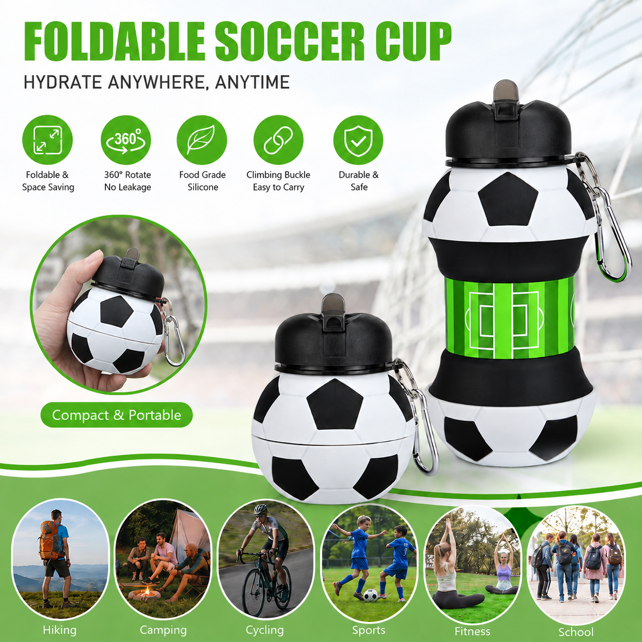 Outdoor Kid Friendly - 550ml Foldable Football Water Bottle Food